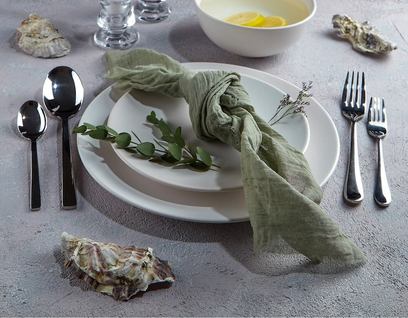 Olive Cheese cloth napkins set, Gauze napkins set, Olive Green decor for your wedding table runner. image 6