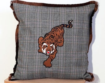 Square pillow with tiger applique|a Semi-Woolen Fabric pillow|a pillow in a modern bohemian style|a pillow for decor| a living room