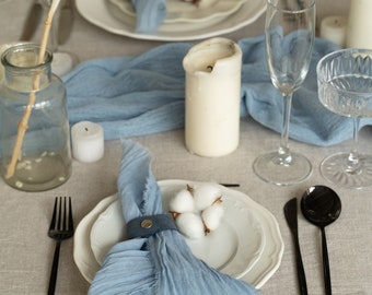 Dusty Blue Gauze Table Runner – Boho Rustic Wedding Table Decor & Centerpieces