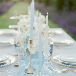 Hellblaue Hochzeitstischdecke, himmelblauer Gaze-Tischläufer, schicke Babyparty-Party, Baldachin für einen Hochzeitsbogen aus Holz, leichte rustikale Hochzeit Bild 2