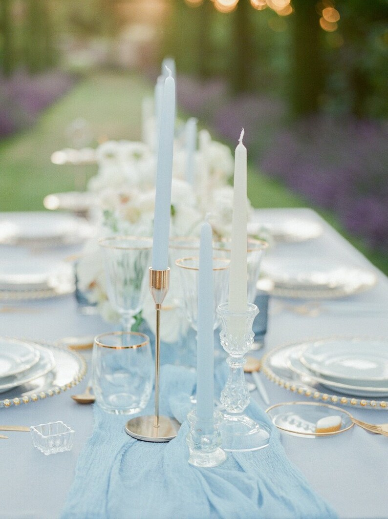 Hellblaue Hochzeitstischdecke, himmelblauer Gaze-Tischläufer, schicke Babyparty-Party, Baldachin für einen Hochzeitsbogen aus Holz, leichte rustikale Hochzeit Bild 2