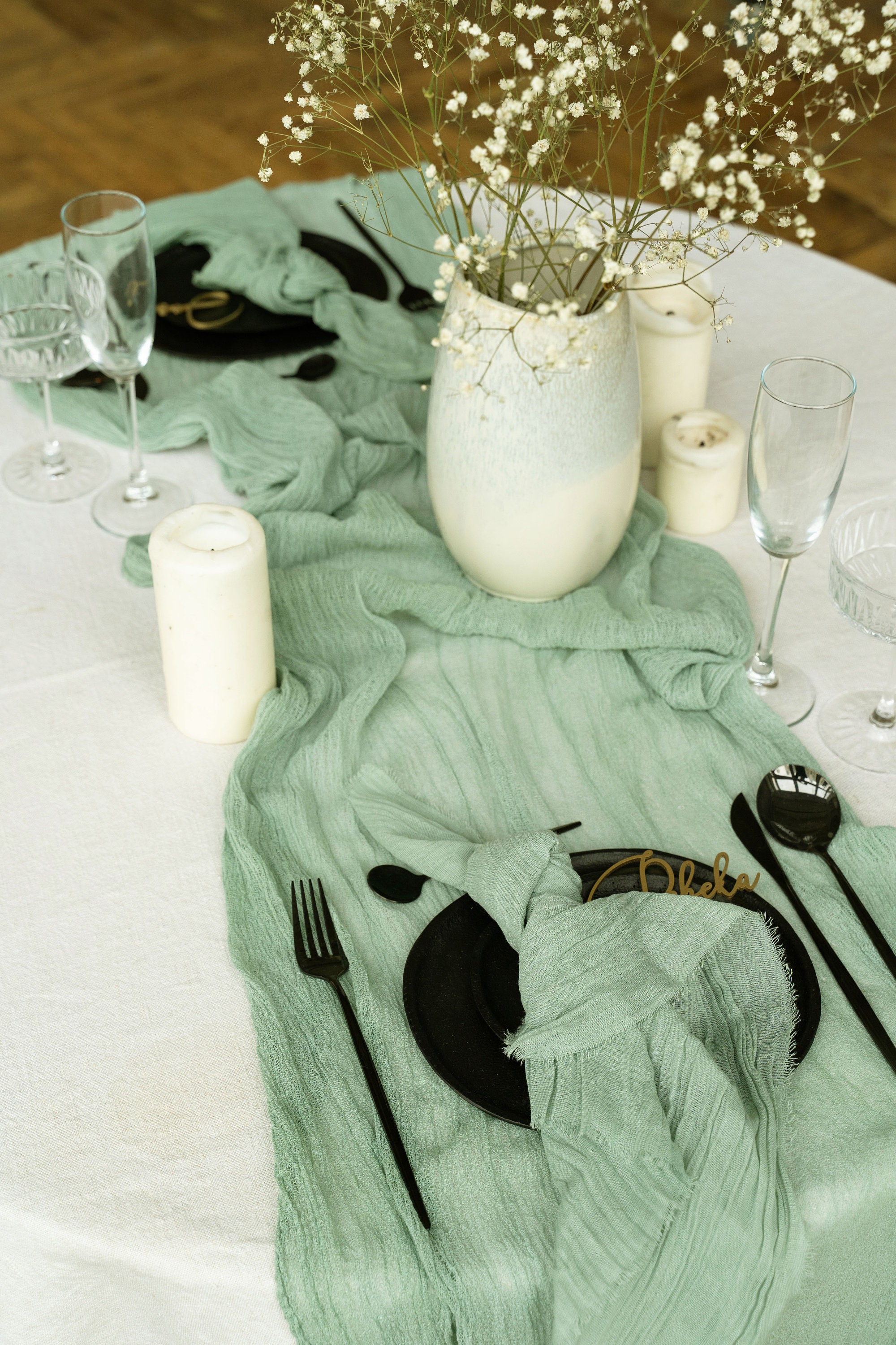 6 Pack Cheesecloth Table Runner 10Ft Boho Gauze Long Rustic Sheer For Wedding, Bridal Baby Shower, Birthday Party, Cake Table, Arbor Decorations (Sage Green