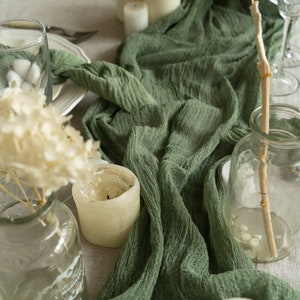 Khaki gauze table runner, Woodland wedding centerpieces, rustic greenery backdrop