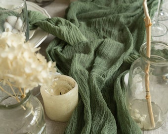 Khaki gauze table runner, Woodland wedding centerpieces, rustic greenery backdrop