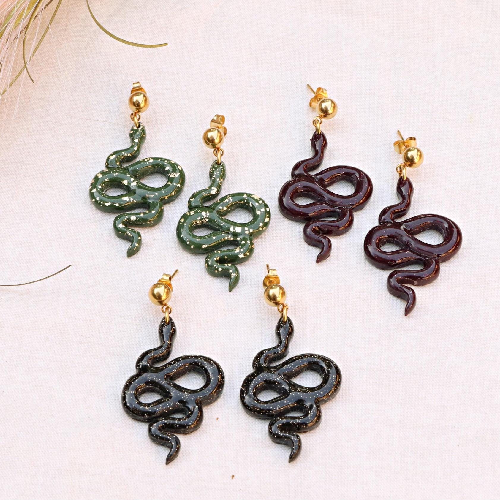 Boucles D'oreilles Serpent Doré Et Noir - Fait Main Neuf Avec étiquettes