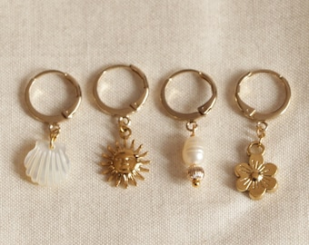 Mono mini hoop earring in gold filled, stainless steel and minimalist natural mother-of-pearl of your choice