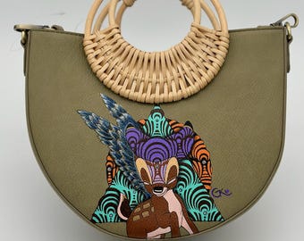 Olive Green Crescent Bag with Woven Handle and Whimsical Bambi Art