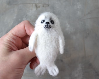 White baby seal animal brooch for women Needle felted replica pin Wool realistic seal Handmade women animal jewelry