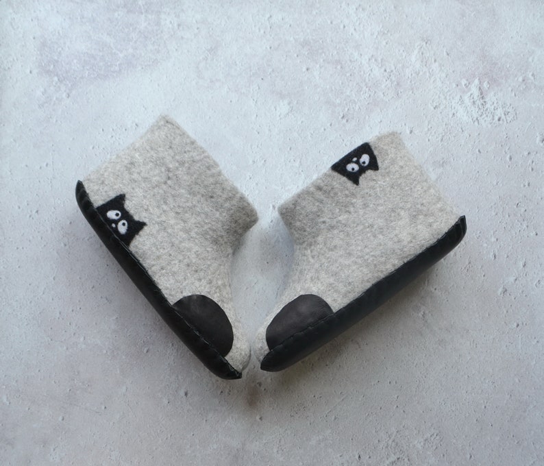 Custom Black Cat Slippers for Women Handmade Cute Felted Wool Warm ...