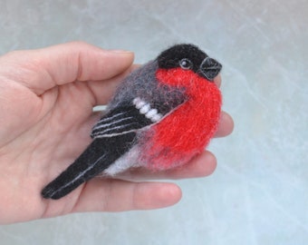 Handmade red bullfinch brooch for women Needle felted bird pin for girl Nana gift Cute bird jewelry Wool animal replica