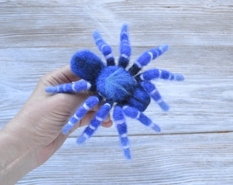 Handmade blue tarantula spider realistic brooch Needle felted realistic fake spider Halloween creepy horror decor Wool animal replica