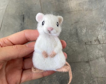 Cute white mouse brooch for women Needle felted wool animal replica pin Wool realistic Handmade animal jewelry