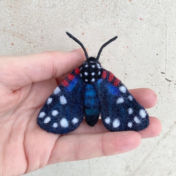 Blue moth pin Needle felted butterfly brooch for women Handmade insect jewelry