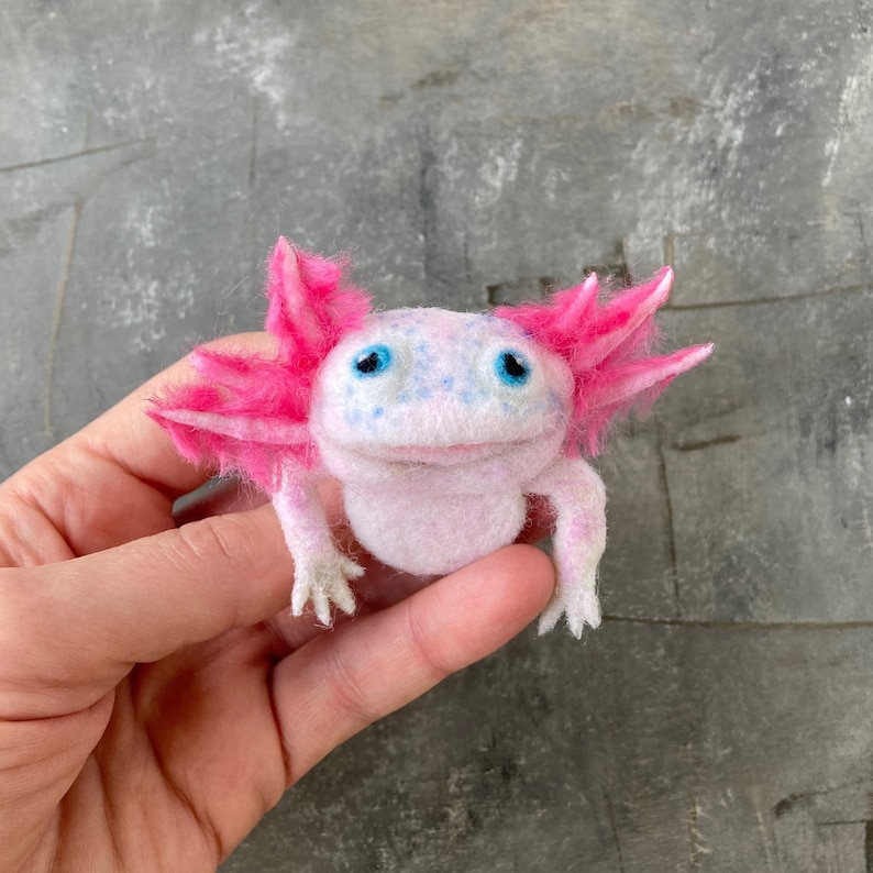 Cute realistic pink axolotl brooch for girl Needle felted amphibian replica pin for women Handmade wool animal jewelry image 2