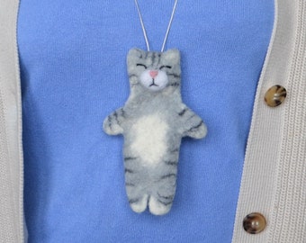 Handmade cat chapstic lighter lip balm lipstick neck holder, funny necklace pendant pouch, felted wool cat case