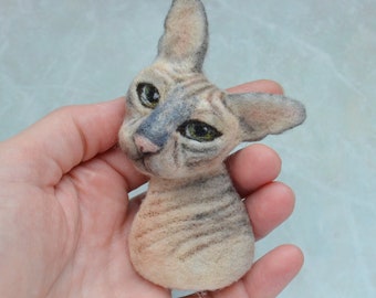 Custom sphynx cat portrait pin from photo Needle felted pet brooch Pet loss gift Personalized cat replica jewelry