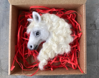 White horse animal brooch necklace pendant for women Handmade needle felted wool replica pin Horse art jewelry
