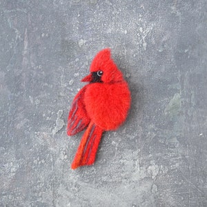 Handmade Red cardinal bird replica brooch for women Cute wool pin Needle felted bird jewelry for girl Realistic felted image 1