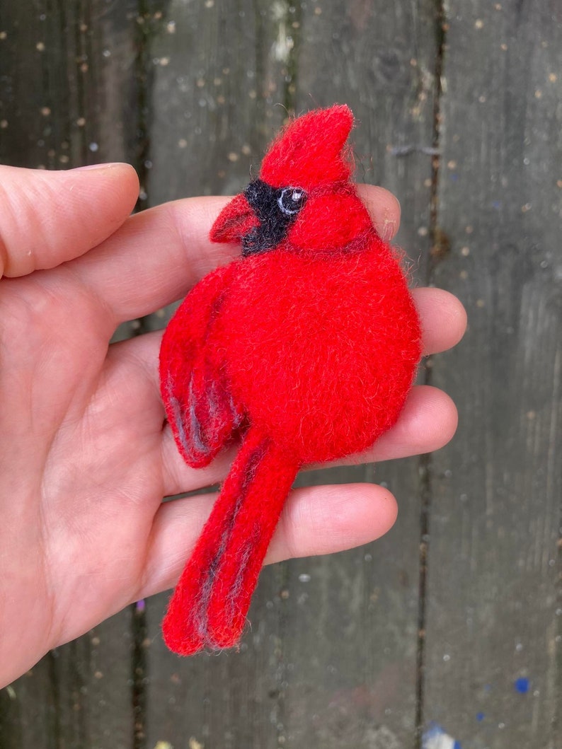 Handmade Red cardinal bird replica brooch for women Cute wool pin Needle felted bird jewelry for girl Realistic felted image 4