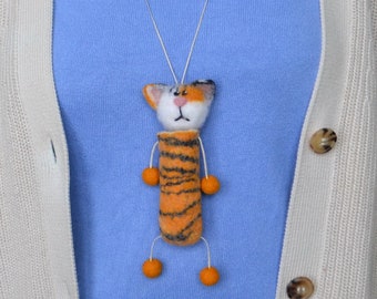 Handmade cat chapstic lighter lip balm lipstick neck holder, funny necklace pendant pouch, felted wool cat case