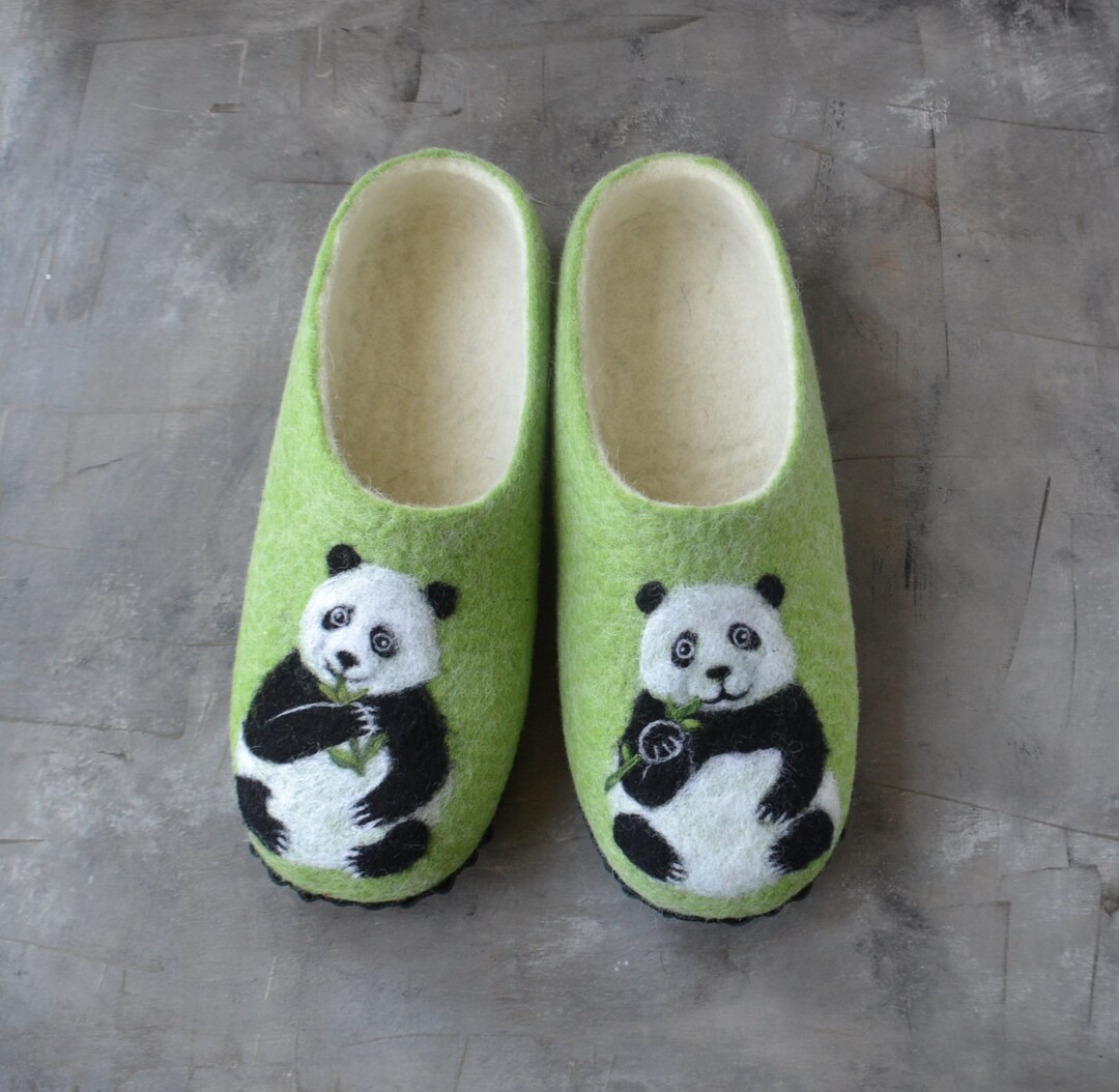Panda Slippers for Women Handmade Cute Custom Felted Wool Warm House