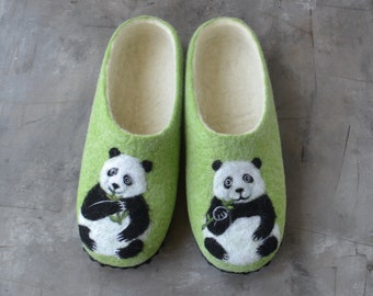 Panda slippers for women Handmade cute custom felted wool warm house shoes Home best animal green slippers