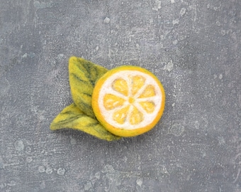 Yellow lemon pin for women Tropical fruit jewelry Handmade needle felted citrus brooch Boho bright  accessory