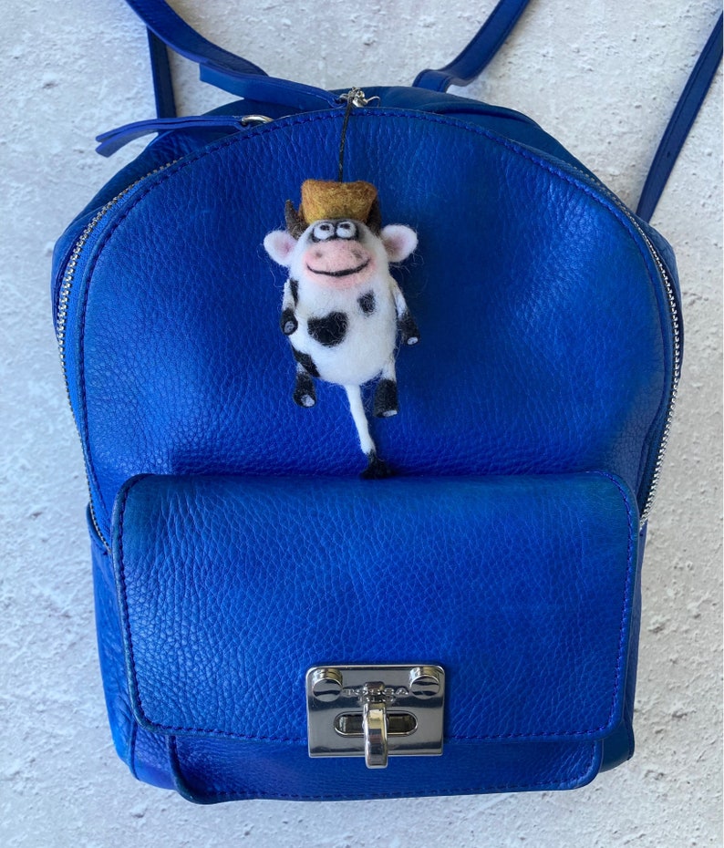 Funny cow cowboy 3d keychain Handmade needle felted bag charm Car key chains Cow necklace pendant for women image 2