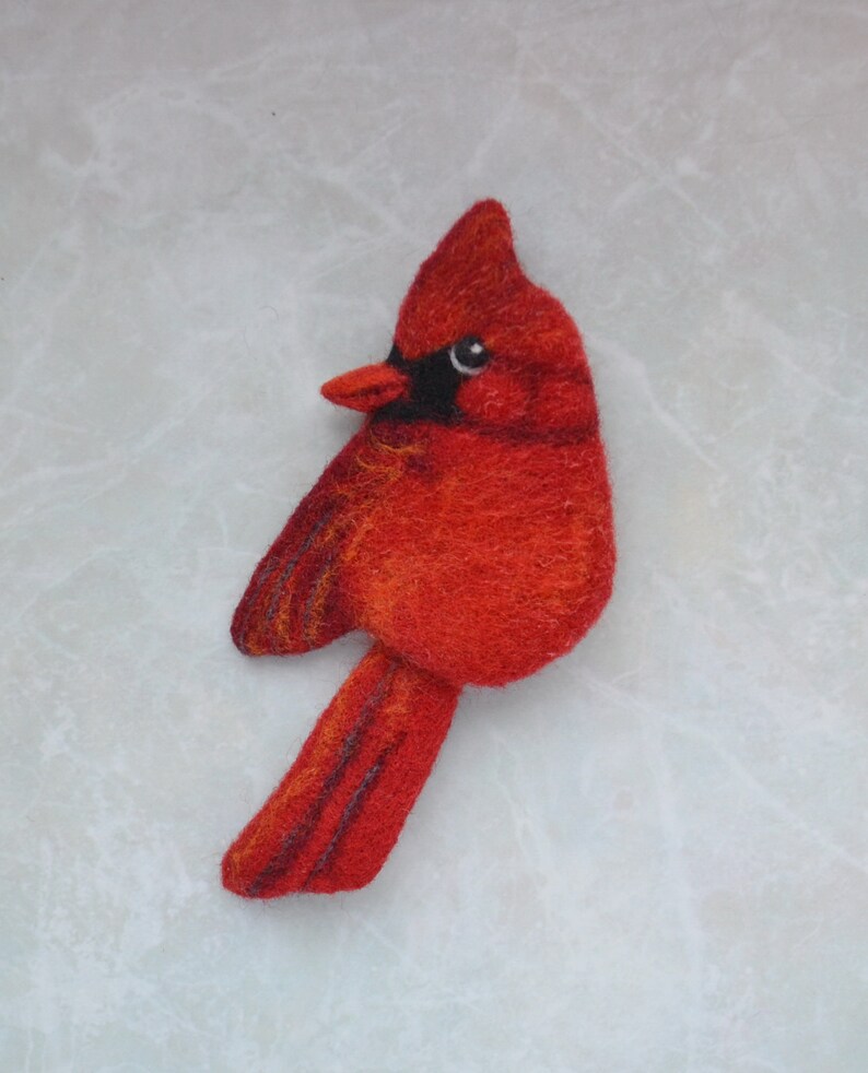 Handmade Red cardinal bird replica brooch for women Cute wool pin Needle felted bird jewelry for girl Realistic felted image 8