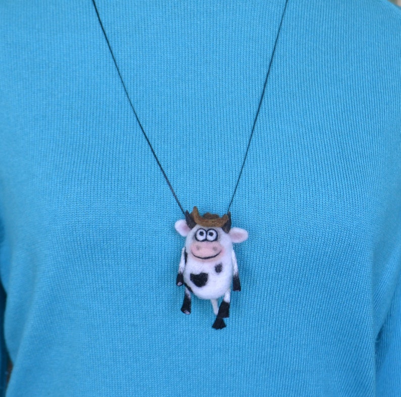 Funny cow cowboy 3d keychain Handmade needle felted bag charm Car key chains Cow necklace pendant for women image 8