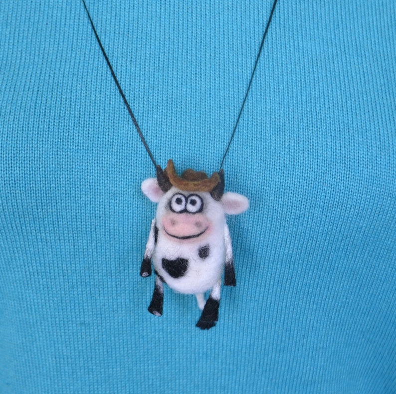 Funny cow cowboy 3d keychain Handmade needle felted bag charm Car key chains Cow necklace pendant for women image 9
