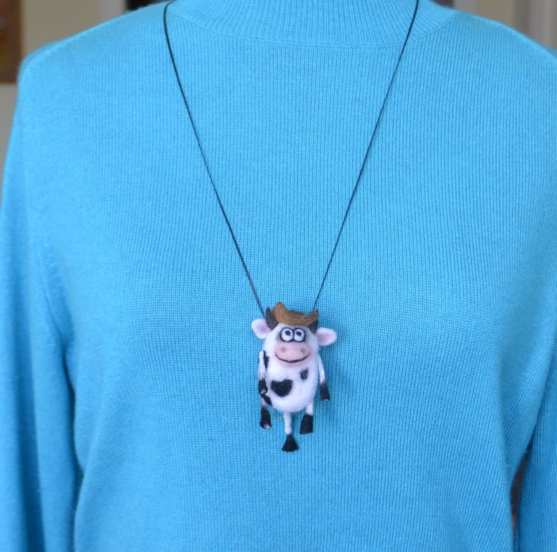 Funny cow cowboy 3d keychain Handmade needle felted bag charm Car key chains Cow necklace pendant for women image 6