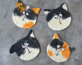 Felted wool funny cat coasters Handmade custom drink coster Custom personalized cat snack mat Small picnic placemat