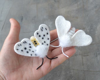 White moth pin Needle felted butterfly brooch for women Handmade insect jewelry