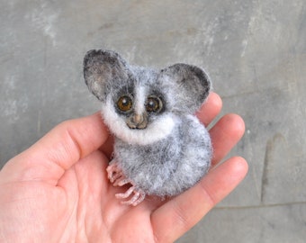 Galago lemur animal brooch for women Needle felted wool replica pin Woodland realistic animal jewelry