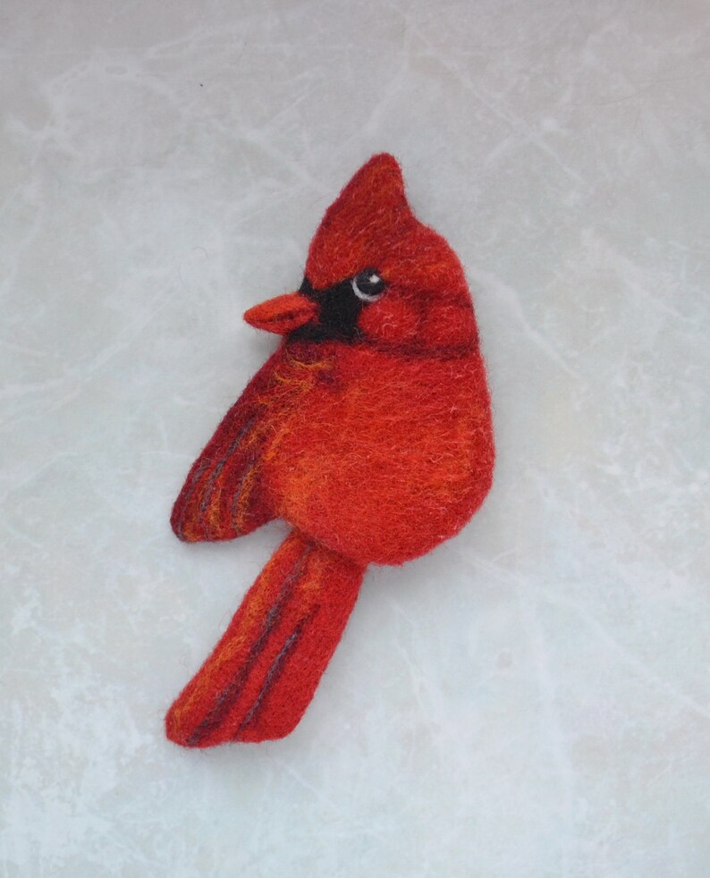 Handmade Red cardinal bird replica brooch for women Cute wool pin Needle felted bird jewelry for girl Realistic felted image 9