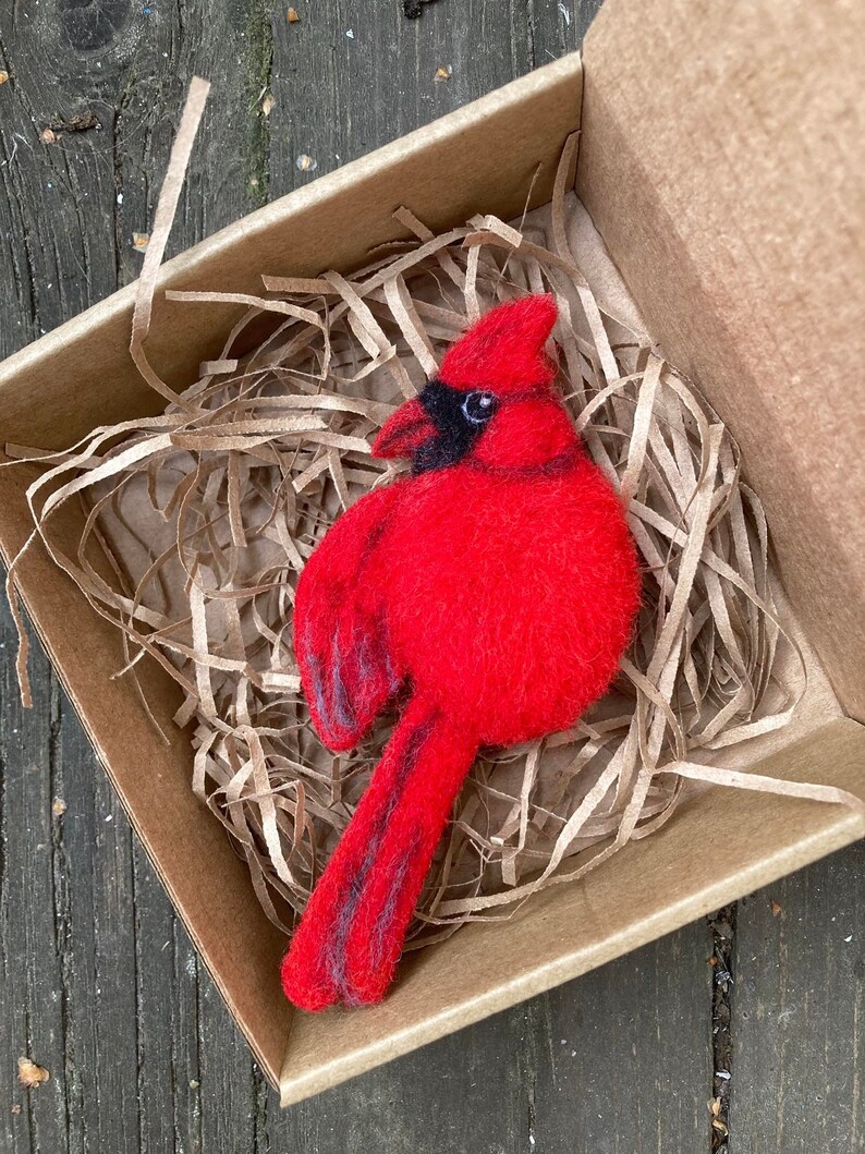 Handmade Red cardinal bird replica brooch for women Cute wool pin Needle felted bird jewelry for girl Realistic felted image 5