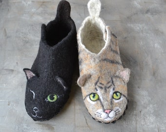 Custom felted wool cat slippers with a portrait of your pet from a photo for kids Handmade personalized toddler warm home shoes