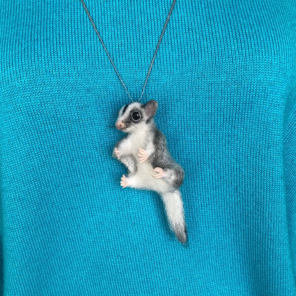 Sugar glider possum necklace pendant for women Needle felted cute wool possum realistic figurine  Handmade animal pet replica jewelry