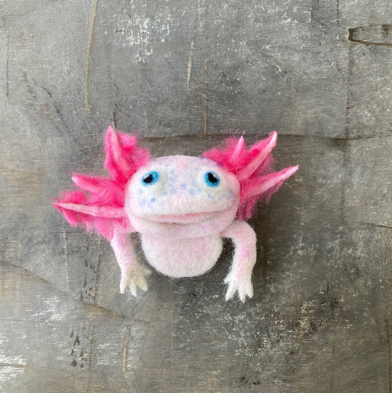 Cute realistic pink axolotl brooch for girl Needle felted amphibian replica pin for women Handmade wool animal jewelry image 9