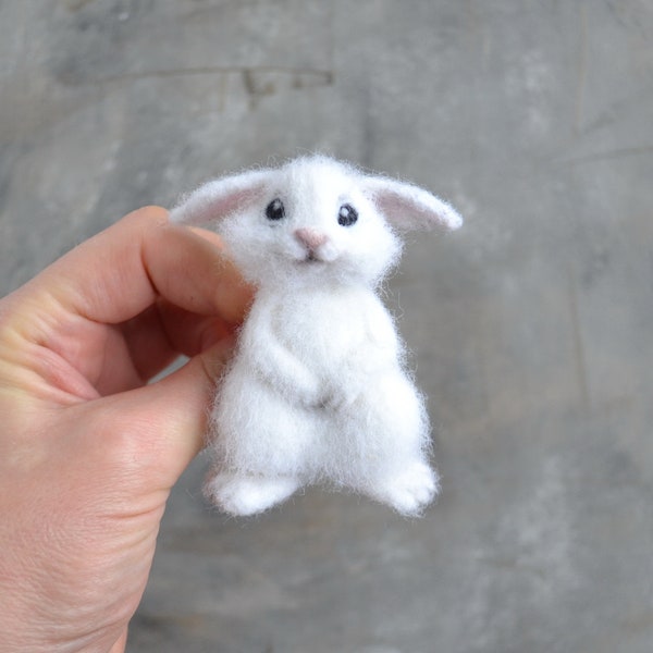 Cute white bunny animal brooch for women Needle felted wool hare replica pin Wool realistic miniature Handmade animal jewelry