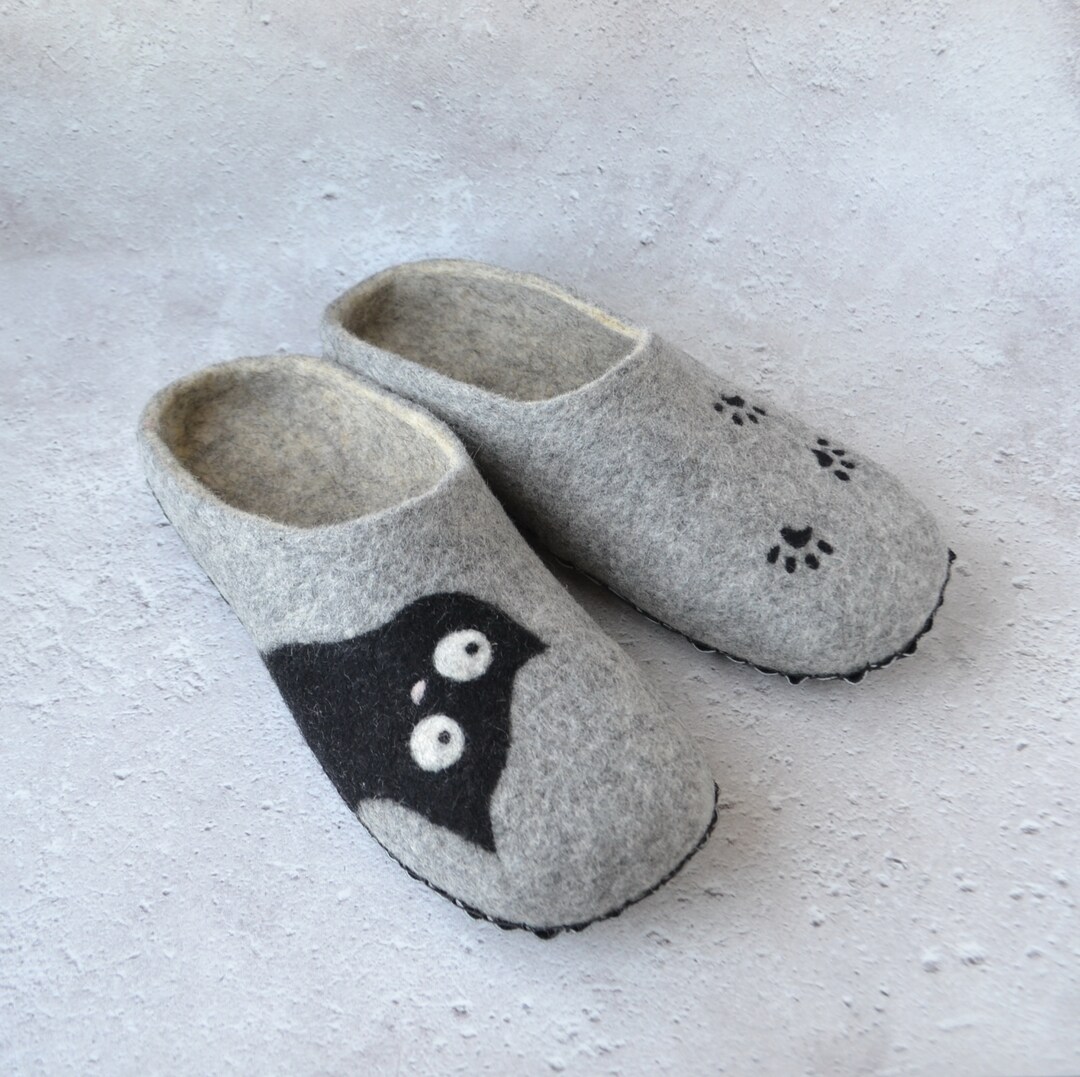 Custom Handmade Black Cat Slippers Felted Wool Warm House Etsy