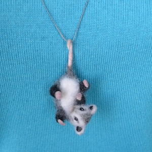 Opossum necklace pendant for women Needle felted cute wool possum realistic figurine ornament Handmade opossum replica jewelry