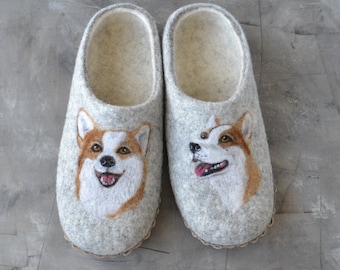 Custom wool dog slippers with a portrait of your pet from a photo Felted wool slippers for men and women Dog owner gift