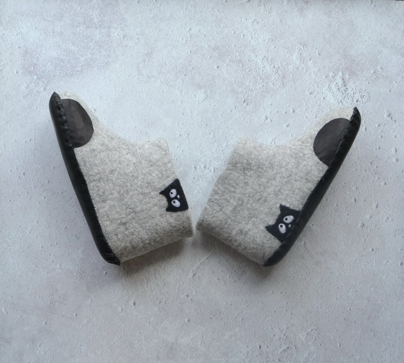 Custom Black Cat Slippers for Women Handmade Cute Felted Wool Warm ...