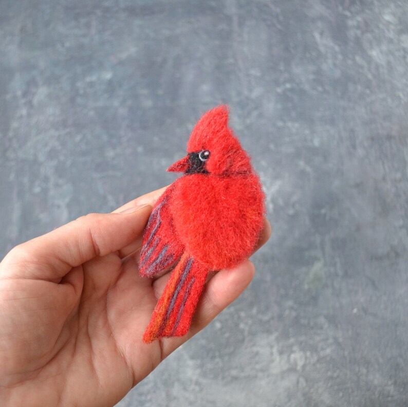 Handmade Red cardinal bird replica brooch for women Cute wool pin Needle felted bird jewelry for girl Realistic felted image 2