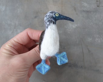 Blue-footed Booby bird brooch for women Handmade cute realistic bird pin Needle felted jewelry for girl Wool animal replica