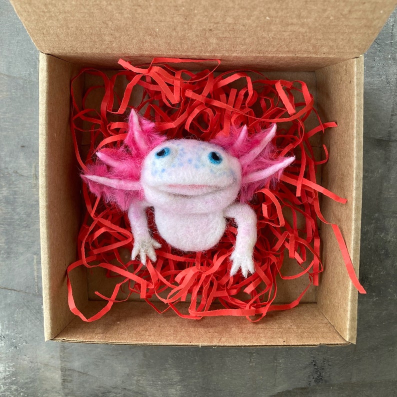 Cute realistic pink axolotl brooch for girl Needle felted amphibian replica pin for women Handmade wool animal jewelry image 3