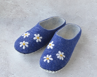 Felted wool blue slippers with chamomile flowers for women Handmade cute custom warm winter house shoes with sole Housewarming eco gift
