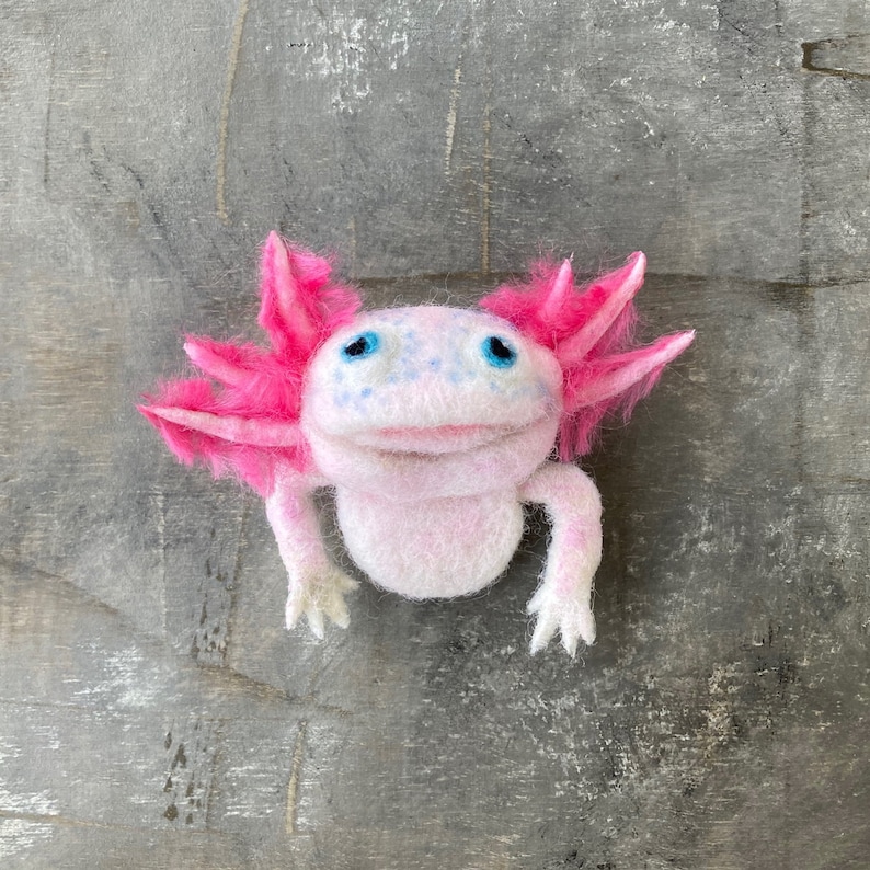 Cute realistic pink axolotl brooch for girl Needle felted amphibian replica pin for women Handmade wool animal jewelry image 4